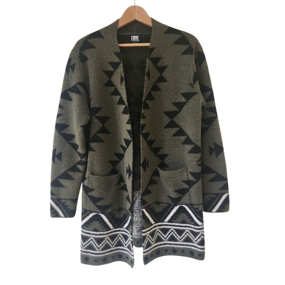Frye Cardigan Sweater Womens Large Aztec Green Black Knit Long Open Front Tribal